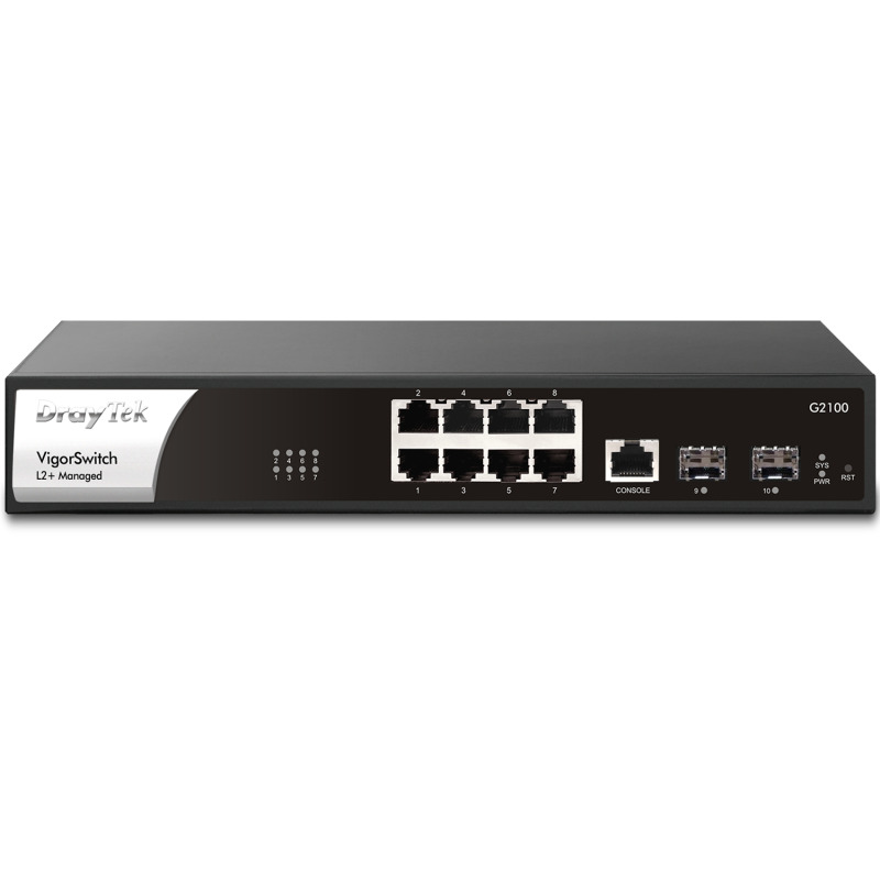 DRAYTEK VigorSwitch G2100 - Switch Gigabit de 10 Puertos Administrable/8 Puertos 10/100/1000Mbps + 2 SFP + 1 Puerto Consola/Capa 2/Con Funciones de Capa 3 como: Servidor DHCP y Enrutamiento VLAN/Interface Web/Prevención de Conflictos IP/#LONUEVO#TERROR